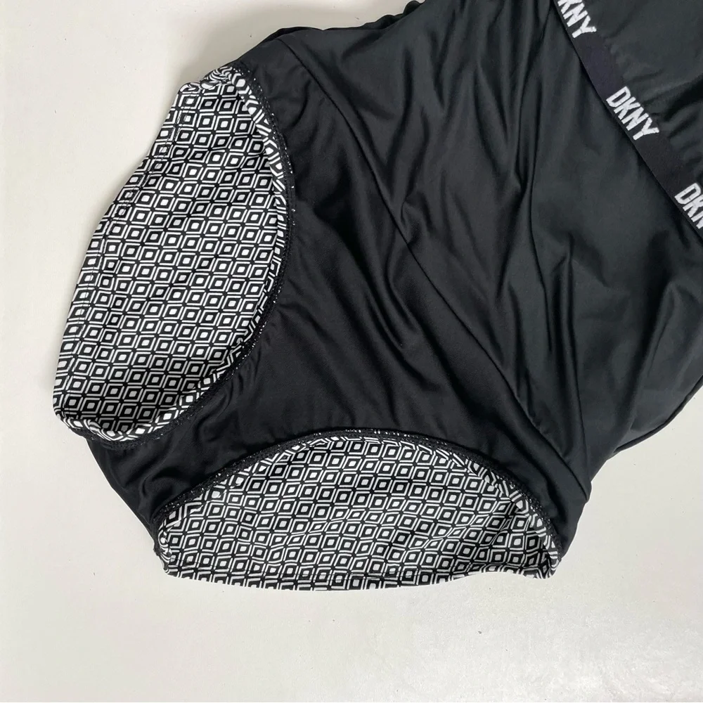 DKNY Swimsuit One Piece Geometric Padded Shelf Bra Ruching Boning Black White - Picture 5 of 16